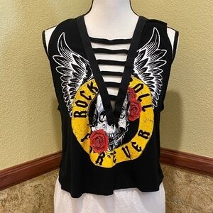 Teenbell Rock & Roll Tank Top Strappy V Neck Skull Sz Jrs Medium Guns & Roses